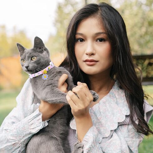 2 Pack Cotton Breakaway Cat Collars with Bell Flower Cute Pendants, Kitty Kitten Collars , Safety Adjustable Collar Set for Pets Decoration for Female Girl Cats Male Boy Cats (Pink Purple) in Kuwait