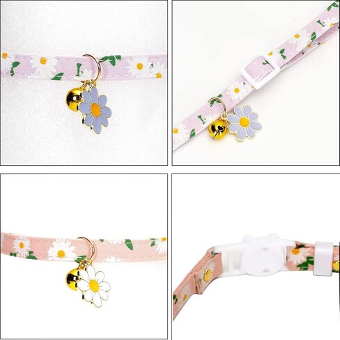 2 Pack Cotton Breakaway Cat Collars with Bell Flower Cute Pendants, Kitty Kitten Collars , Safety Adjustable Collar Set for Pets Decoration for Female Girl Cats Male Boy Cats (Pink Purple) in Kuwait