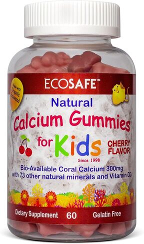 ECO SAFE Coral Calcium Vitamin D3 Kids Gummy, Natural Cherry Flavor, Non GMO, Gluten-Free, Dairy-Free, Soy-Free and Gelatin Free - 300 mg of Calcium, and 800 IU of Vitamin D3-60 Gummies (1 Pack) in Saudi Arabia