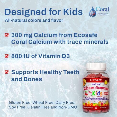 ECO SAFE Coral Calcium Vitamin D3 Kids Gummy, Natural Cherry Flavor, Non GMO, Gluten-Free, Dairy-Free, Soy-Free and Gelatin Free - 300 mg of Calcium, and 800 IU of Vitamin D3-60 Gummies (1 Pack) in Saudi Arabia