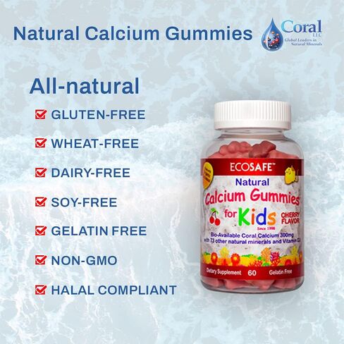 ECO SAFE Coral Calcium Vitamin D3 Kids Gummy, Natural Cherry Flavor, Non GMO, Gluten-Free, Dairy-Free, Soy-Free and Gelatin Free - 300 mg of Calcium, and 800 IU of Vitamin D3-60 Gummies (1 Pack) in Saudi Arabia