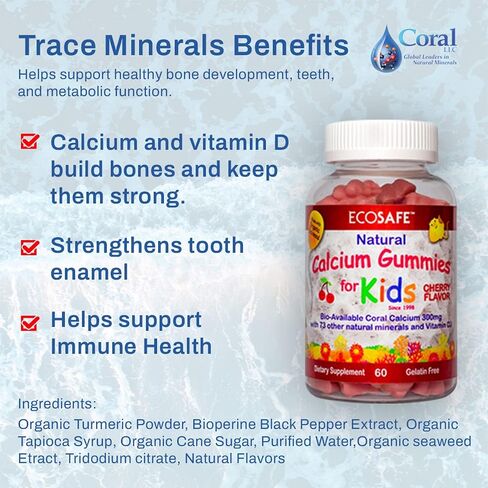 ECO SAFE Coral Calcium Vitamin D3 Kids Gummy, Natural Cherry Flavor, Non GMO, Gluten-Free, Dairy-Free, Soy-Free and Gelatin Free - 300 mg of Calcium, and 800 IU of Vitamin D3-60 Gummies (1 Pack) in Saudi Arabia