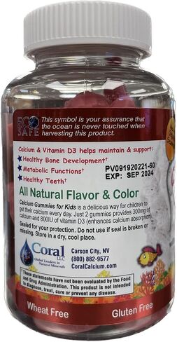 ECO SAFE Coral Calcium Vitamin D3 Kids Gummy, Natural Cherry Flavor, Non GMO, Gluten-Free, Dairy-Free, Soy-Free and Gelatin Free - 300 mg of Calcium, and 800 IU of Vitamin D3-60 Gummies (1 Pack) in Saudi Arabia
