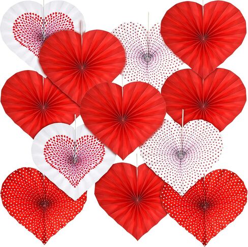 WILLBOND 12 Pieces Valentines Heart Shaped Hanging Fans Red Heart Fans Hanging Paper Fans for Wedding Anniversary Bridal Shower Decoration in Saudi Arabia