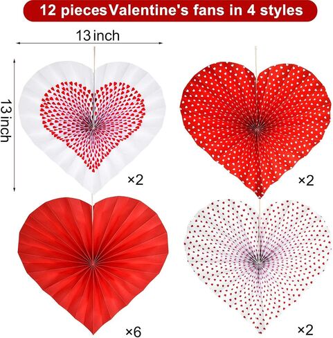 WILLBOND 12 Pieces Valentines Heart Shaped Hanging Fans Red Heart Fans Hanging Paper Fans for Wedding Anniversary Bridal Shower Decoration in Saudi Arabia