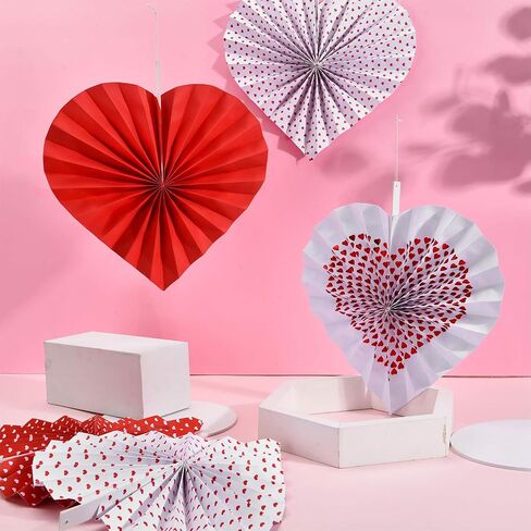 WILLBOND 12 Pieces Valentines Heart Shaped Hanging Fans Red Heart Fans Hanging Paper Fans for Wedding Anniversary Bridal Shower Decoration in Saudi Arabia
