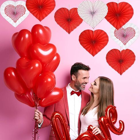 WILLBOND 12 Pieces Valentines Heart Shaped Hanging Fans Red Heart Fans Hanging Paper Fans for Wedding Anniversary Bridal Shower Decoration in Saudi Arabia