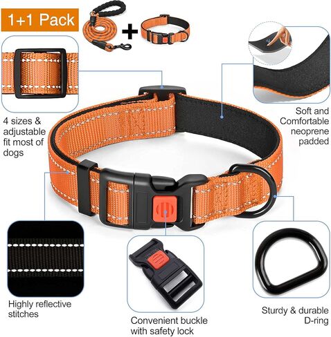 tobeDRI طوق الكلب العاكس المصنوع من النايلون - مبطن بالنيوبرين الناعم، عاكس وقابل للتعديل - أطواق الكلاب للكلاب الصغيرة والمتوسطة والكبيرة (طوق + مقود على شكل حرف L، مقاس 18 بوصة - 23 بوصة، فول الصويا) in Kuwait