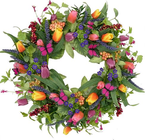 Artificial Wreath with Colorful Tulips for Front Door Farmhouse Indoor Outdoor Festival Home Decor in Kuwait