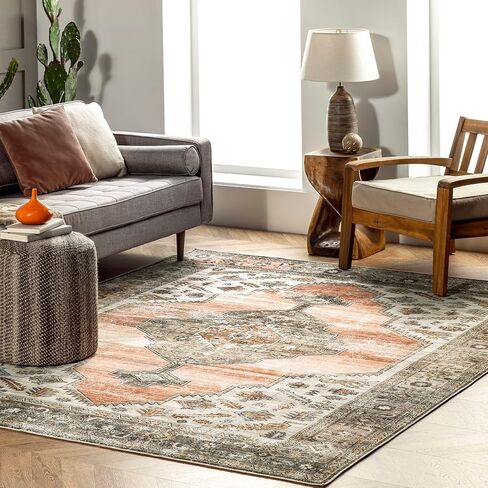 nuLOOM Gracie Distressed Medallion Machine Washable Ultra Thin Area Rug, 5x8, Peach in Kuwait