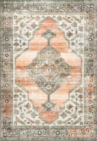 nuLOOM Gracie Distressed Medallion Machine Washable Ultra Thin Area Rug, 5x8, Peach in Kuwait