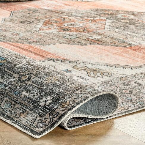 nuLOOM Gracie Distressed Medallion Machine Washable Ultra Thin Area Rug, 5x8, Peach in Kuwait