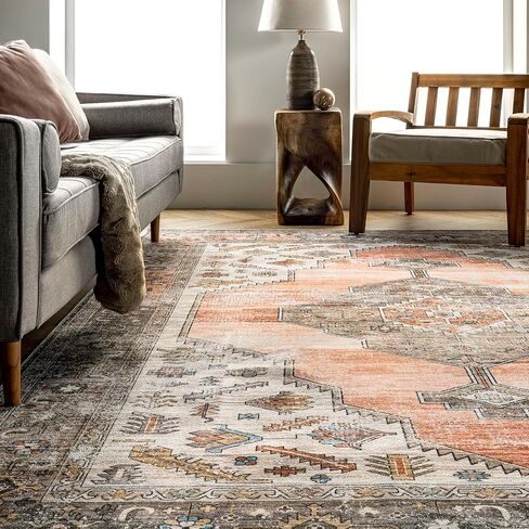 nuLOOM Gracie Distressed Medallion Machine Washable Ultra Thin Area Rug, 5x8, Peach in Kuwait