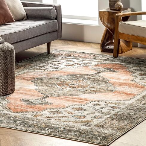 nuLOOM Gracie Distressed Medallion Machine Washable Ultra Thin Area Rug, 5x8, Peach in Kuwait