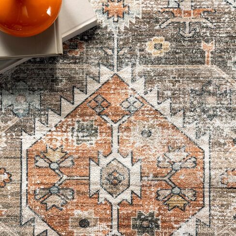 nuLOOM Gracie Distressed Medallion Machine Washable Ultra Thin Area Rug, 5x8, Peach in Kuwait
