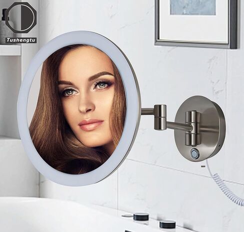 مرآة مكياج TUSHENGTU مقاس 9.5 بوصة مثبتة على الحائط مع مكبرة مضيئة 7X وتحكم في السطوع و3 ألوان لتجربة مكياج وحلاقة حمام مخصصة من النيكل. (820D/N/7X) in Kuwait