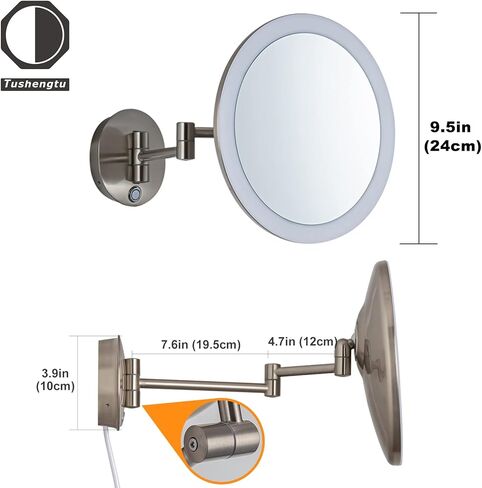 مرآة مكياج TUSHENGTU مقاس 9.5 بوصة مثبتة على الحائط مع مكبرة مضيئة 7X وتحكم في السطوع و3 ألوان لتجربة مكياج وحلاقة حمام مخصصة من النيكل. (820D/N/7X) in Kuwait