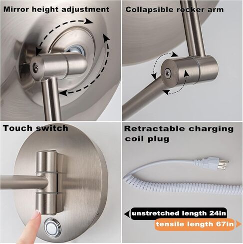 مرآة مكياج TUSHENGTU مقاس 9.5 بوصة مثبتة على الحائط مع مكبرة مضيئة 7X وتحكم في السطوع و3 ألوان لتجربة مكياج وحلاقة حمام مخصصة من النيكل. (820D/N/7X) in Kuwait