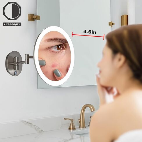 مرآة مكياج TUSHENGTU مقاس 9.5 بوصة مثبتة على الحائط مع مكبرة مضيئة 7X وتحكم في السطوع و3 ألوان لتجربة مكياج وحلاقة حمام مخصصة من النيكل. (820D/N/7X) in Kuwait