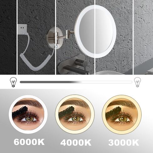 مرآة مكياج TUSHENGTU مقاس 9.5 بوصة مثبتة على الحائط مع مكبرة مضيئة 7X وتحكم في السطوع و3 ألوان لتجربة مكياج وحلاقة حمام مخصصة من النيكل. (820D/N/7X) in Kuwait