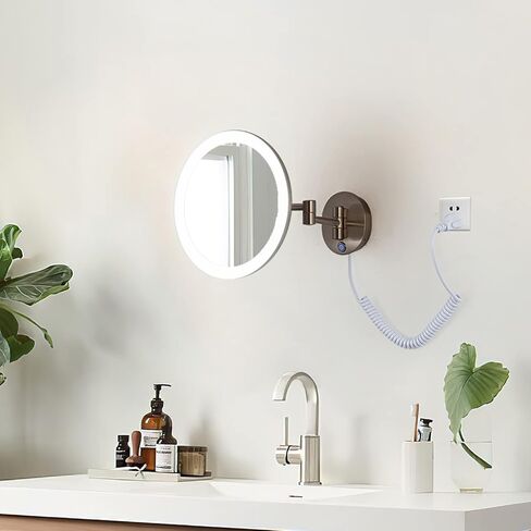 مرآة مكياج TUSHENGTU مقاس 9.5 بوصة مثبتة على الحائط مع مكبرة مضيئة 7X وتحكم في السطوع و3 ألوان لتجربة مكياج وحلاقة حمام مخصصة من النيكل. (820D/N/7X) in Kuwait