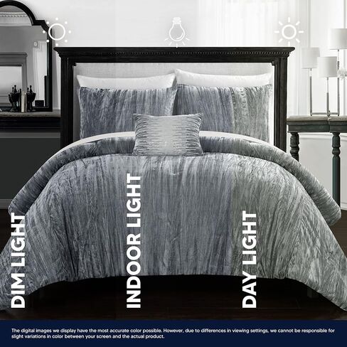 طقم لحاف 4 قطع من Chic Home Westmont مصنوع من قماش مخملي مجعد، يتضمن وسادة زينة مزخرفة، رمادي، مقاس King in Kuwait