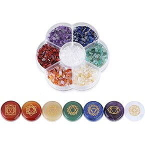 PESOENTH Natural Chakra Stones Healing Crystals Tumbled Chip Gemstones Set for Reiki, Meditation,Yoga,Chakra Balance,Relaxation,Decor ( 7pcs Engraved Chakra Symbol Crystals +Crystal Gemstone Clips) in Kuwait