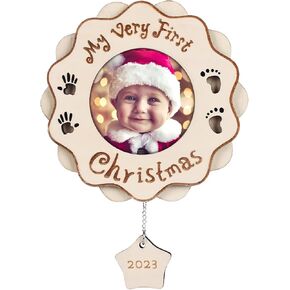 هيرزوم هدايا زينة الكريسماس من بيبي فيرست 2022 بتصميم عبارة My Very First Christmas، إطار صور خشبي لتزيين شجرة الكريسماس in Kuwait