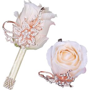 Vijiv Bling Boutonniere for Men Wedding, Pocket Boutonniere with Pins for Groomsmen Groom Suit, Artificial Rose Flowers for Prom Ceremony Anniversary Formal Dinner Party, Ivory