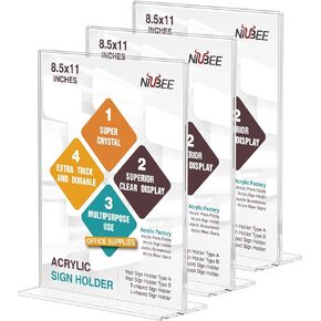 NIUBEE 3 عبوات من حامل اللافتات الأكريليك مقاس 8.5 × 11 - حامل عرض سطح الطاولة مزدوج الجوانب على شكل حرف T، إطار صورة عمودي لقائمة الزفاف وحامل الإعلانات in Saudi Arabia