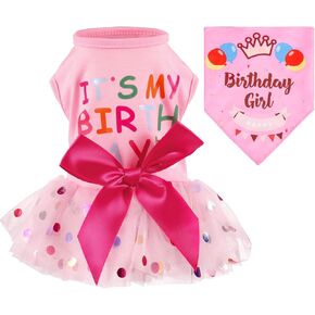 Fuyamp Dog Dresses Dog Birthday Dress, It's My Birthday Cotton Pink Dog Dress with Bandana, Small Dog Birthday Outfit Girl, for Pets Puppy Kitten Polka Dot Lace Tutu in Kuwait