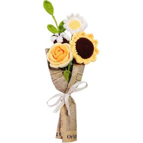 KWQBHW Knitting Crochet Flower Bouquet Handmade Rose Flowers Fake Sunflower Rose Daisy with Green Leaves for DIY Home Table Decor, Blue in Kuwait