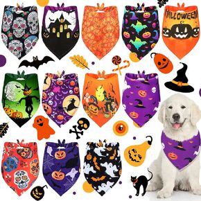 12 Pieces Halloween Dogs Bandanas Adjustable Triangle Bandana with Bat Ghost Pumpkin Patterns for Halloween Puppy Cat Costume PET Apparel Accessories (Pumpkin and Ghost) in Kuwait