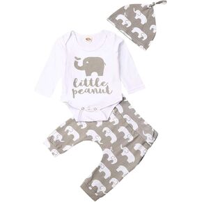 Rarjuiey 3Pcs Newborn Baby Boy Girl Elephant Outfits Long Sleeve Little Peanut Romper Bodysuit+Pants+Hat in Kuwait