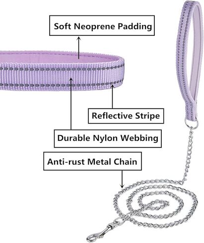 بيتيري سلسلة معدنية مقاومة للمضغ، مقبض من النايلون مع بطانة ناعمة من النيوبرين وشريط عاكس للكلاب متوسطة الحجم. (مقاس M، ارجواني) in Kuwait