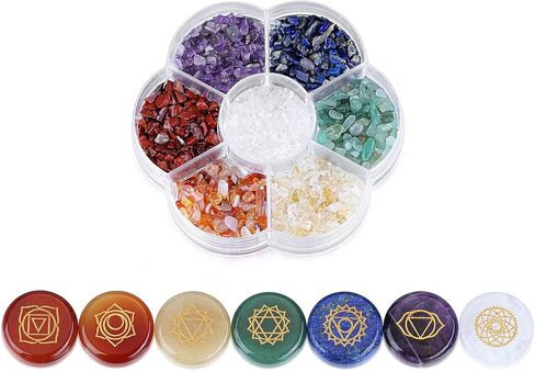 PESOENTH Natural Chakra Stones Healing Crystals Tumbled Chip Gemstones Set for Reiki, Meditation,Yoga,Chakra Balance,Relaxation,Decor ( 7pcs Engraved Chakra Symbol Crystals +Crystal Gemstone Clips) in Kuwait