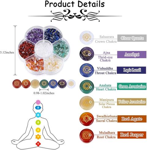 PESOENTH Natural Chakra Stones Healing Crystals Tumbled Chip Gemstones Set for Reiki, Meditation,Yoga,Chakra Balance,Relaxation,Decor ( 7pcs Engraved Chakra Symbol Crystals +Crystal Gemstone Clips) in Kuwait