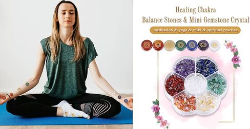 PESOENTH Natural Chakra Stones Healing Crystals Tumbled Chip Gemstones Set for Reiki, Meditation,Yoga,Chakra Balance,Relaxation,Decor ( 7pcs Engraved Chakra Symbol Crystals +Crystal Gemstone Clips) in Kuwait