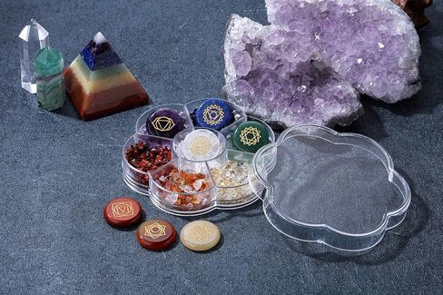 PESOENTH Natural Chakra Stones Healing Crystals Tumbled Chip Gemstones Set for Reiki, Meditation,Yoga,Chakra Balance,Relaxation,Decor ( 7pcs Engraved Chakra Symbol Crystals +Crystal Gemstone Clips) in Kuwait