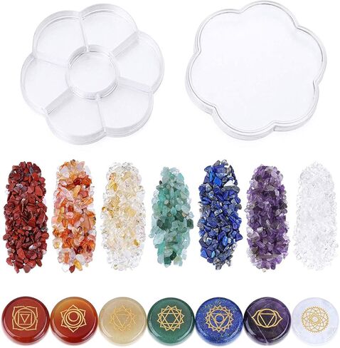 PESOENTH Natural Chakra Stones Healing Crystals Tumbled Chip Gemstones Set for Reiki, Meditation,Yoga,Chakra Balance,Relaxation,Decor ( 7pcs Engraved Chakra Symbol Crystals +Crystal Gemstone Clips) in Kuwait