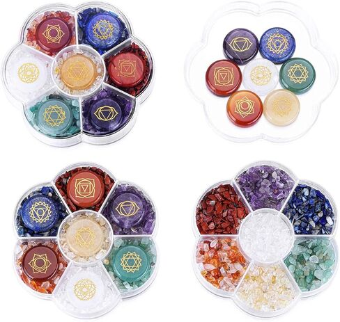 PESOENTH Natural Chakra Stones Healing Crystals Tumbled Chip Gemstones Set for Reiki, Meditation,Yoga,Chakra Balance,Relaxation,Decor ( 7pcs Engraved Chakra Symbol Crystals +Crystal Gemstone Clips) in Kuwait