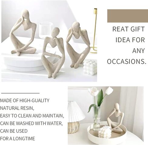 فوميسي مجموعة تمثال مفكر تجريدي من 3 قطع، تمثال مفكر صغير من الراتنج مناسب للمنزل والمكتب ورف الكتب وديكور سطح المكتب (حجر رملي) in Kuwait