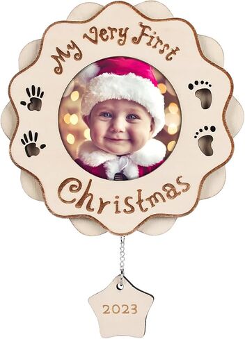 هيرزوم هدايا زينة الكريسماس من بيبي فيرست 2022 بتصميم عبارة My Very First Christmas، إطار صور خشبي لتزيين شجرة الكريسماس in Kuwait