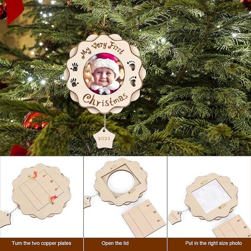 هيرزوم هدايا زينة الكريسماس من بيبي فيرست 2022 بتصميم عبارة My Very First Christmas، إطار صور خشبي لتزيين شجرة الكريسماس in Kuwait