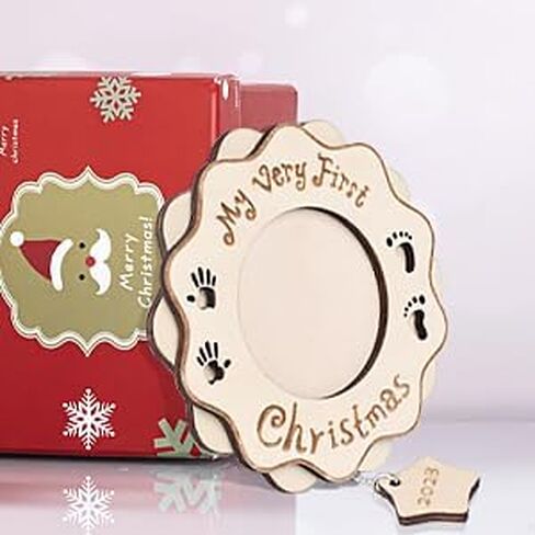 هيرزوم هدايا زينة الكريسماس من بيبي فيرست 2022 بتصميم عبارة My Very First Christmas، إطار صور خشبي لتزيين شجرة الكريسماس in Kuwait