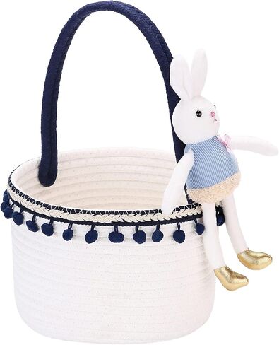 سلة تخزين صغيرة من الحبال القطنية من Sea Team، حقيبة حمل أرنب عيد الفصح للبيض، سلة محمولة، حقيبة حلوى، علبة للأطفال، أيام عيد الفصح، العطلات، دانتيل أزرق داكن in Kuwait
