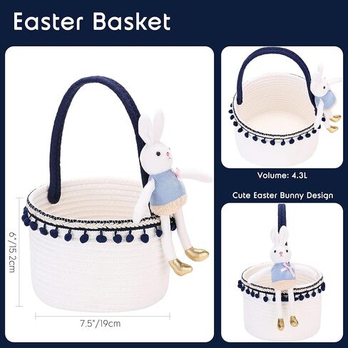 سلة تخزين صغيرة من الحبال القطنية من Sea Team، حقيبة حمل أرنب عيد الفصح للبيض، سلة محمولة، حقيبة حلوى، علبة للأطفال، أيام عيد الفصح، العطلات، دانتيل أزرق داكن in Kuwait