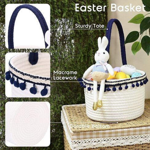 سلة تخزين صغيرة من الحبال القطنية من Sea Team، حقيبة حمل أرنب عيد الفصح للبيض، سلة محمولة، حقيبة حلوى، علبة للأطفال، أيام عيد الفصح، العطلات، دانتيل أزرق داكن in Kuwait