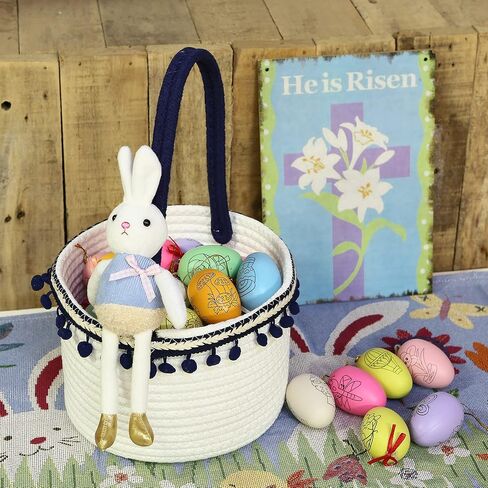 سلة تخزين صغيرة من الحبال القطنية من Sea Team، حقيبة حمل أرنب عيد الفصح للبيض، سلة محمولة، حقيبة حلوى، علبة للأطفال، أيام عيد الفصح، العطلات، دانتيل أزرق داكن in Kuwait