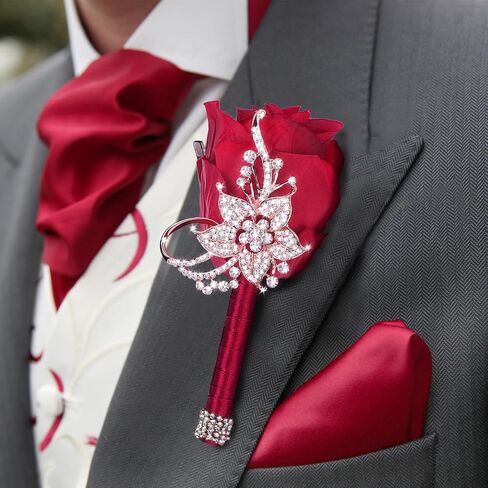 VIJIV Bling Boutonniere للرجال الزفاف، بوتونيير جيب مع دبابيس لبدلة العريس، زهور الورد الاصطناعية لحفلة موسيقية وحفلات الذكرى السنوية وحفلات العشاء الرسمية، أزرق ملكي in Kuwait